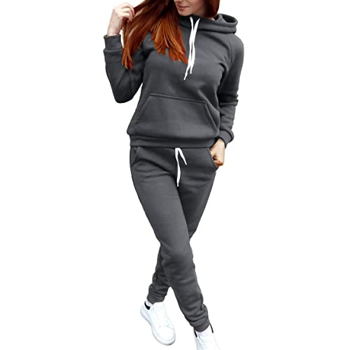 LIANGTUOHAI Trainingsanzug Damen Set, Damen Jogginganzug Set mit Kapuze und Taschen Hoodie Jogginghose Outdoor Einfarbig Kapuzenpullover Kordelzug Zweiteiler Slim Herbst Winter Warm Sportanzug von LIANGTUOHAI