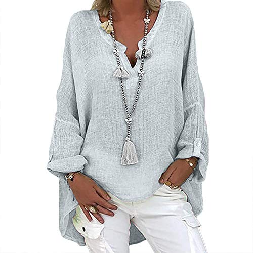 Leinen Bluse Damen Elegant Langarm Leinenbluse V-Ausschnitt Knopfleiste T Shirt Blusen Einfarbig Große Größe Oberteil Lose Casual Tunika Longshirt Longbluse Leinen Baumwolle Crop Top von LIANGTUOHAI