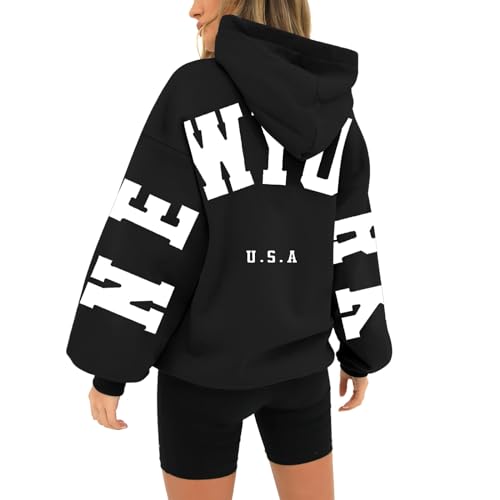 Oversize Sweatshirt Damen Sport Kapuzenpulli Backprint Pullover Loose Langarm Weiße Sweatshirt Oversized Sportswear Mit Schrift Laufshirt Kapuzenshirt Sportlich Kapuzenpullover Damen Schwarz von LIANGTUOHAI