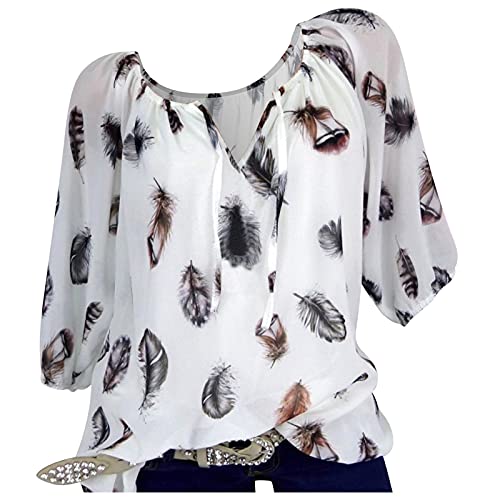 T-Shirt Tops Damen Chiffon V-Ausschnitt Mit Kordelzug Feder Print Tunika Damen Kurzarm Locker Leicht Kurzarm-Shirt Mode Kurz Oberteile Lässig Oberteil Dreiviertelärmel/Langarm von LIANGTUOHAI