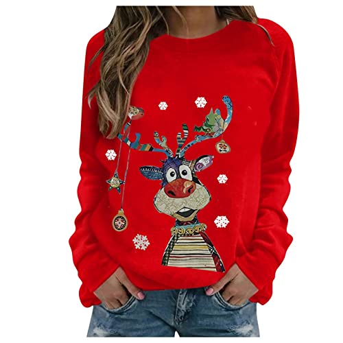 Weihnachtspullover Damen Merry Christmas Sweatshirt Lustig Rudolph Rentier Druck Baumwolle Weihnachten Weihnachts Xmas Pullover Weihnachtspulli Teenager Mädchen Rundhals Langarm Sweat Oberteile von LIANGTUOHAI