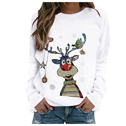 Weihnachtspullover Damen Merry Christmas Sweatshirt Lustig Rudolph Rentier Druck Baumwolle Weihnachten Weihnachts Xmas Pullover Weihnachtspulli Teenager Mädchen Rundhals Langarm Sweat Oberteile von LIANGTUOHAI