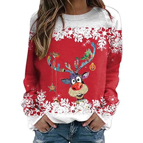 Weihnachtspullover Damen Merry Christmas Sweatshirt Lustig Rudolph Rentier Druck Baumwolle Weihnachten Weihnachts Xmas Pullover Weihnachtspulli Teenager Mädchen Rundhals Langarm Sweat Oberteile von LIANGTUOHAI