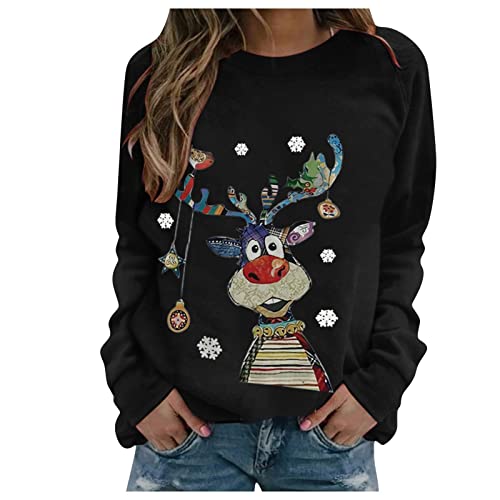 Weihnachtspullover Damen Merry Christmas Sweatshirt Lustig Rudolph Rentier Druck Baumwolle Weihnachten Weihnachts Xmas Pullover Weihnachtspulli Teenager Mädchen Rundhals Langarm Sweat Oberteile von LIANGTUOHAI