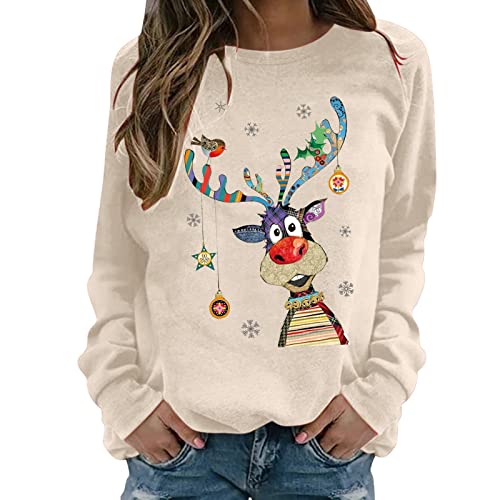 Weihnachtspullover Damen Merry Christmas Sweatshirt Lustig Rudolph Rentier Druck Baumwolle Weihnachten Weihnachts Xmas Pullover Weihnachtspulli Teenager Mädchen Rundhals Langarm Sweat Oberteile von LIANGTUOHAI