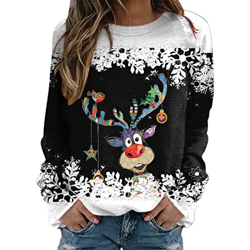 Weihnachtspullover Damen Merry Christmas Sweatshirt Lustig Rudolph Rentier Druck Baumwolle Weihnachten Weihnachts Xmas Pullover Weihnachtspulli Teenager Mädchen Rundhals Langarm Sweat Oberteile von LIANGTUOHAI