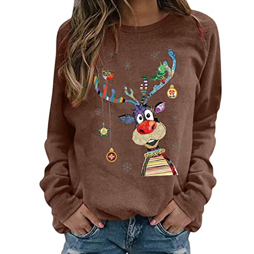 Weihnachtspullover Damen Merry Christmas Sweatshirt Lustig Rudolph Rentier Druck Baumwolle Weihnachten Weihnachts Xmas Pullover Weihnachtspulli Teenager Mädchen Rundhals Langarm Sweat Oberteile von LIANGTUOHAI