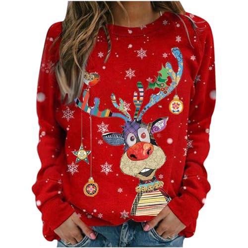 Weihnachtspullover Damen Merry Christmas Sweatshirt Lustig Rudolph Rentier Druck Elegant Weihnachten Weihnachts Xmas Pullover Weihnachtspulli Teenager Mädchen Rundhals Langarm Sweat Oberteile von LIANGTUOHAI