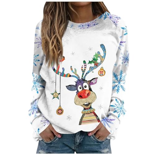 Weihnachtspullover Damen Merry Christmas Sweatshirt Lustig Rudolph Rentier Druck Baumwolle Weihnachten Weihnachts Xmas Pullover Weihnachtspulli Teenager Mädchen Rundhals Langarm Sweat Oberteile von LIANGTUOHAI