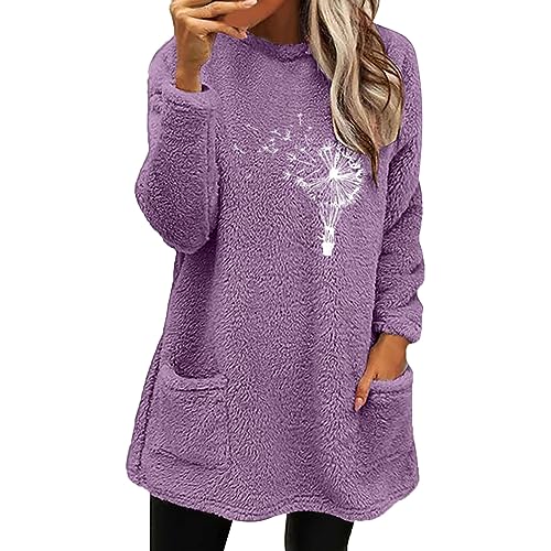 Winterpullover Damen Fleece Plüsch Langarmshirt Fleece Oberteile Mit Taschen Bedruckt Longbluse Freizeit Elegant Longpullover Süß Freizeithemd Herbst Winter Fleece Pullover Freizeit-Oberteile von LIANGTUOHAI