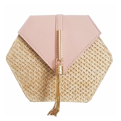 LIANYG Strohtasche Hexagon Mulit Style Stroh+Leder Handtasche Frauen Sommer Rattan Tasche Handgemachte gewebte Strand Kreis Böhmen Umhängetasche 649 (Farbe: Rosa, Größe: Natur) von LIANYG