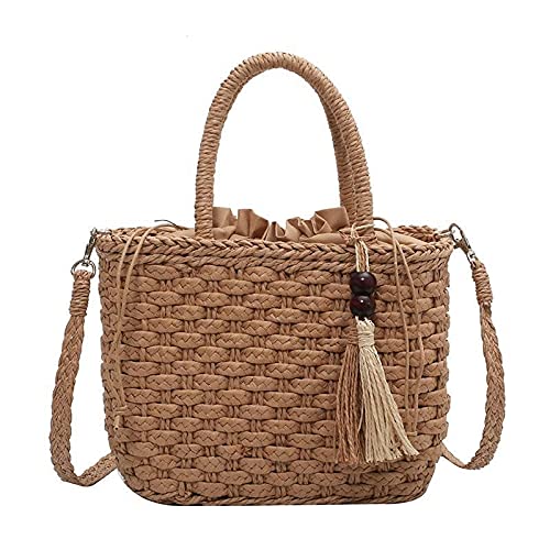 LIANYG Strohtasche Sommer Weben Stroh Handtaschen Quaste Design Strand Umhängetaschen für Frauen Frauen Lässige Reise Crossbody Tasche Mode Tote 649 (Farbe: Beige, Größe: 27x12x19) von LIANYG