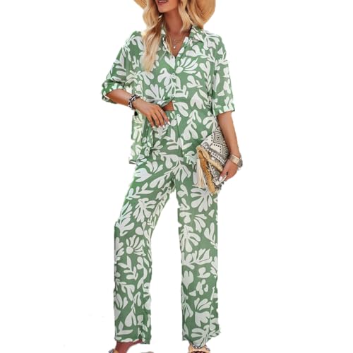 LIAOPUFUS Bedrucktes Damenhemd zweiteiliges Set mit fünfärmligem Hemd und Hose, Elegantes Casual-Set für Frühling und Sommer (L, grün) von LIAOPUFUS