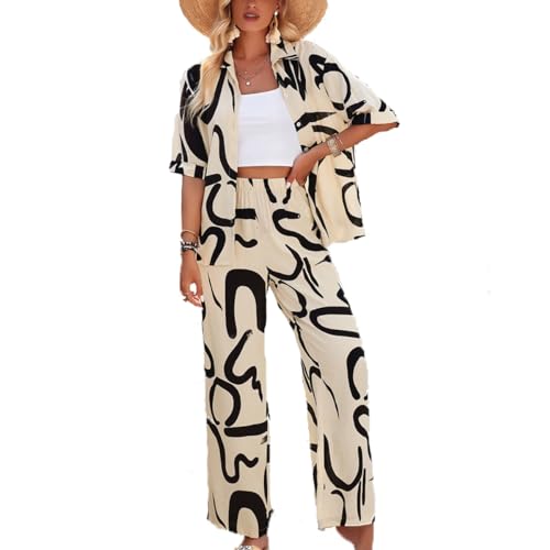 LIAOPUFUS Bedrucktes Damenhemd zweiteiliges Set mit fünfärmligem Hemd und Hose, Elegantes Casual-Set für Frühling und Sommer (XL, Aprikosenfarbe) von LIAOPUFUS
