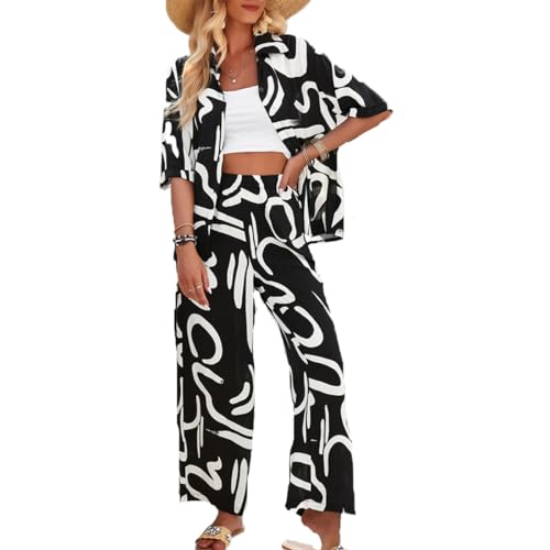 LIAOPUFUS Bedrucktes Damenhemd zweiteiliges Set mit fünfärmligem Hemd und Hose, Elegantes Casual-Set für Frühling und Sommer (XL, schwarz) von LIAOPUFUS
