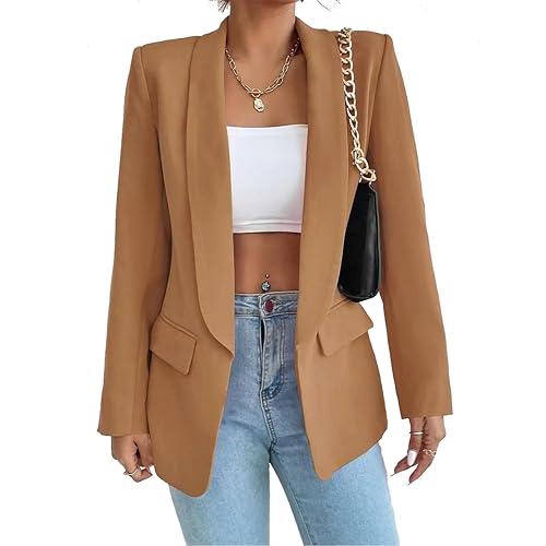 LIAOPUFUS Damen Blazer Langarm Slim Fit Reversanzug Business Office Anzugjacke mit Taschen Klassischer Casual Style (L, Ingwer) von LIAOPUFUS