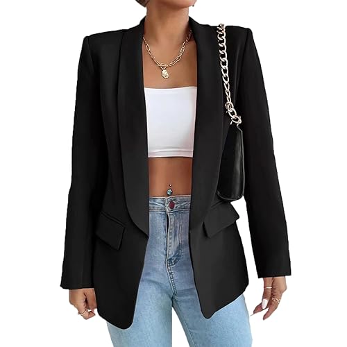 LIAOPUFUS Damen Blazer Langarm Slim Fit Reversanzug Business Office Anzugjacke mit Taschen Klassischer Casual Style (M, 2-schwarz) von LIAOPUFUS