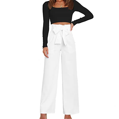 LIAOPUFUS Damenanzug Fließende Hose, High-Waist Pendler Hose, Weite Casual Casual Casual Wear mit Gürtel (L, weiß) von LIAOPUFUS