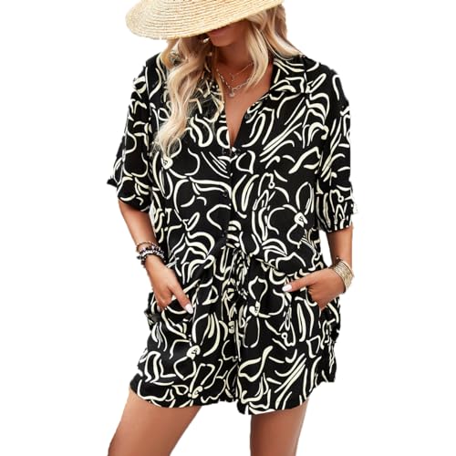 LIAOPUFUS Frauen 3D gedruckt Hemd Set Zwei Stücke und Kurze Hemd und Shorts Court Set Frühling und Sommer Temperament Casual (M, schwarz) von LIAOPUFUS
