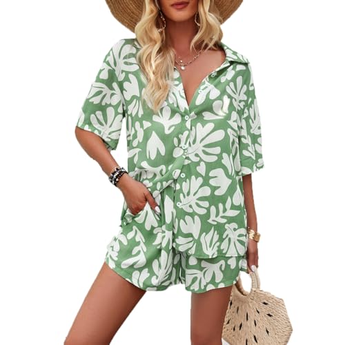 LIAOPUFUS Frauen 3D gedruckt Hemd Set Zwei Stücke und Kurze Hemd und Shorts Court Set Frühling und Sommer Temperament Casual (XL, grün) von LIAOPUFUS