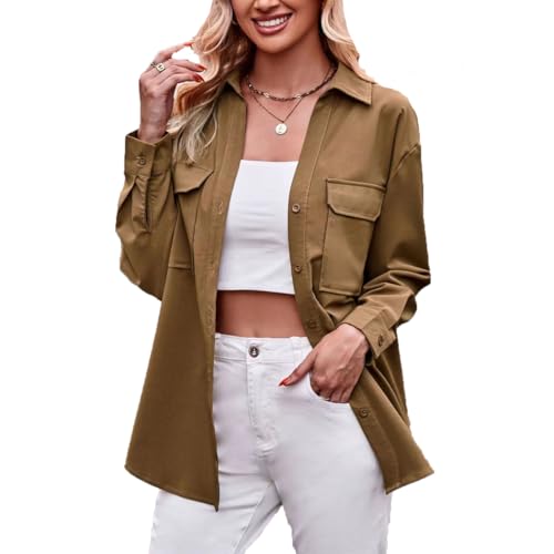 LIAOPUFUS Freizeithemd für Damen Weit geschnittenes Hemd mit V-Ausschnitt Elegant OL-Stil (L, Curryfarbe) von LIAOPUFUS