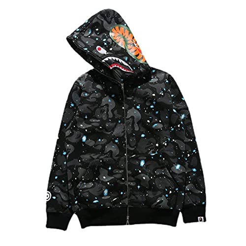 LIAOPUFUS Herren 3D gedruckt Shark Hoodie Hip Hop Lange Ärmel Reißverschluss mit Camouflage Reißverschluss Mode Street Wear (L, Funkelndes Schwarz) von LIAOPUFUS