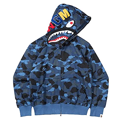 LIAOPUFUS Herren 3D gedruckt Shark Hoodie Hip Hop Lange Ärmel Reißverschluss mit Camouflage Reißverschluss Mode Street Wear (L, blau) von LIAOPUFUS