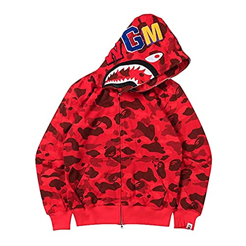 LIAOPUFUS Herren 3D gedruckt Shark Hoodie Hip Hop Lange Ärmel Reißverschluss mit Camouflage Reißverschluss Mode Street Wear (L, rot) von LIAOPUFUS