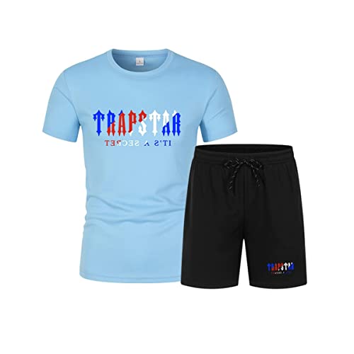 LIAOPUFUS Herren Trainingsanzug Trapstar Sommer T-Shirt Trapstar Logo Letter in 2-teiligen Kurzes Sommer T-Shirt mit Shorts Trapstar Slim Fit (M, Himmelblau+Schwarz) von LIAOPUFUS