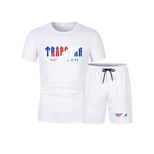 LIAOPUFUS Herren Trainingsanzug Trapstar Sommer T-Shirt Trapstar Logo Letter in 2-teiligen Kurzes Sommer T-Shirt mit Shorts Trapstar Slim Fit (M, weiß+weiß) von LIAOPUFUS