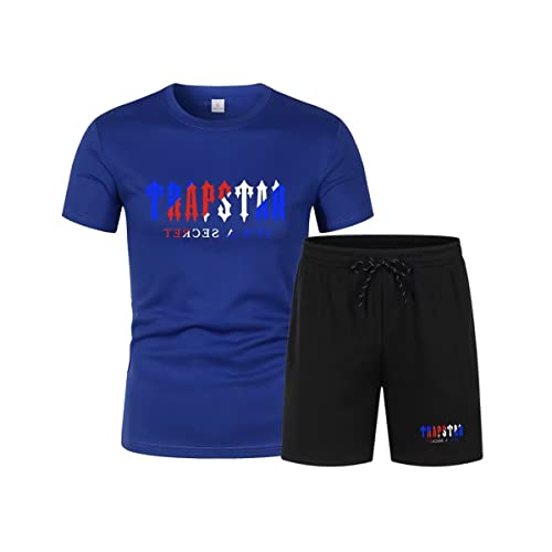 LIAOPUFUS Herren Trainingsanzug Trapstar Sommer T-Shirt Trapstar Logo Letter in 2-teiligen Kurzes Sommer T-Shirt mit Shorts Trapstar Slim Fit (S, Blau+Schwarz) von LIAOPUFUS