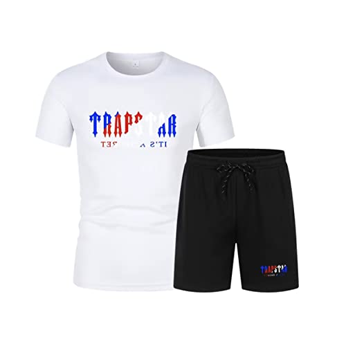 LIAOPUFUS Herren Trainingsanzug Trapstar Sommer T-Shirt Trapstar Logo Letter in 2-teiligen Kurzes Sommer T-Shirt mit Shorts Trapstar Slim Fit (S, weiß+schwarz) von LIAOPUFUS