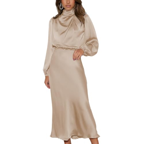 LIAOPUFUS Langes Kleid aus Satin mit Rüschen Cocktailkleid für Frauen und Mädchen Herbst Neu Elegant Loose Style Kleid Langes Kleid (L, Aprikosenfarbe) von LIAOPUFUS