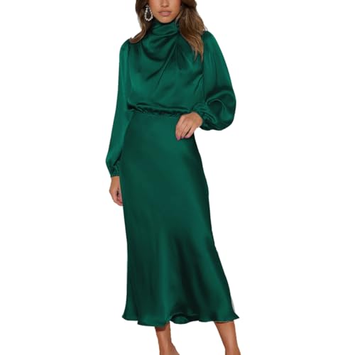 LIAOPUFUS Langes Kleid aus Satin mit Rüschen Cocktailkleid für Frauen und Mädchen Herbst Neu Elegant Loose Style Kleid Langes Kleid (L, Dunkelgrün) von LIAOPUFUS