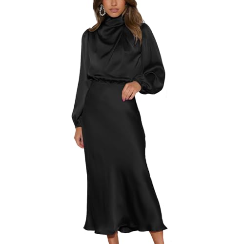 LIAOPUFUS Langes Kleid aus Satin mit Rüschen Cocktailkleid für Frauen und Mädchen Herbst Neu Elegant Loose Style Kleid Langes Kleid (M, schwarz) von LIAOPUFUS