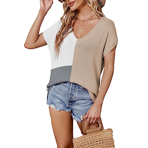 LIAOPUFUS Loose Casual Strick T-Shirt V-Ausschnitt Atmungsaktives Oversize-Oberteil aus Strick Sommer Kurzarm Farbabstimmung Fledermaushülle (M, KAKI) von LIAOPUFUS