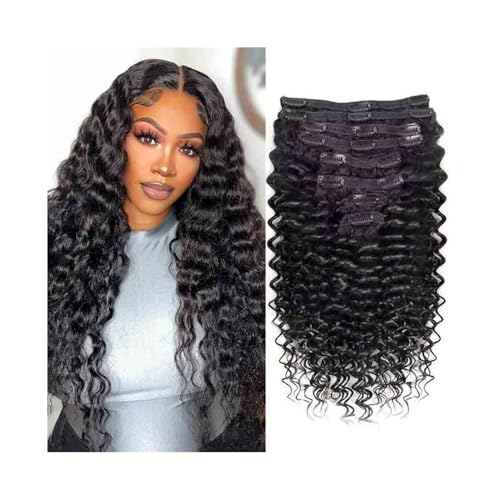 Haarteile für Frauen Deep Wave Clip in Hair Extensions Real Human Hair for Black Women, 8Pcs Double Weft Brazilian Remy Hair Curly Wave Clip in Extensions Natural Black Messy Hair Bun Haarteil(24inche von LIBANGRONG-888