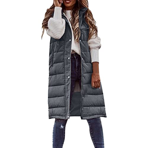 LIBELLEFLY Damen Winter Ärmellose Mantel Weste Langer Hoodie Warmer Daunenmantel mit Taschen Outdoorjacke Steppjacken (Dark Gray, L) von LIBELLEFLY