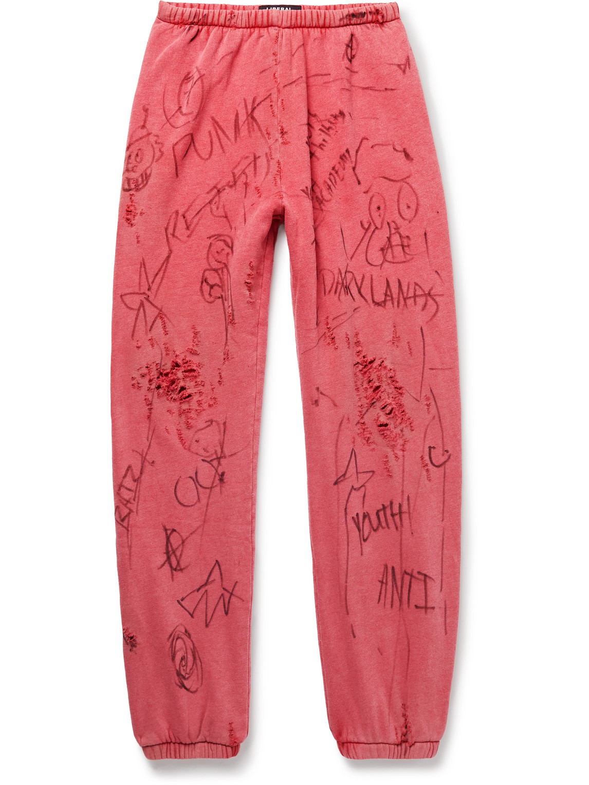 LIBERAL YOUTH MINISTRY - Juvenile Tapered Distressed Printed Cotton-Blend Jersey Sweatpants - Men - Red - M von LIBERAL YOUTH MINISTRY