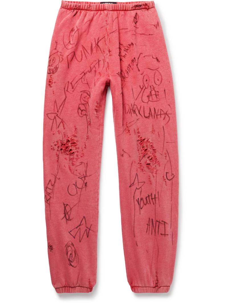 LIBERAL YOUTH MINISTRY - Juvenile Tapered Distressed Printed Cotton-Blend Jersey Sweatpants - Men - Red - M von LIBERAL YOUTH MINISTRY