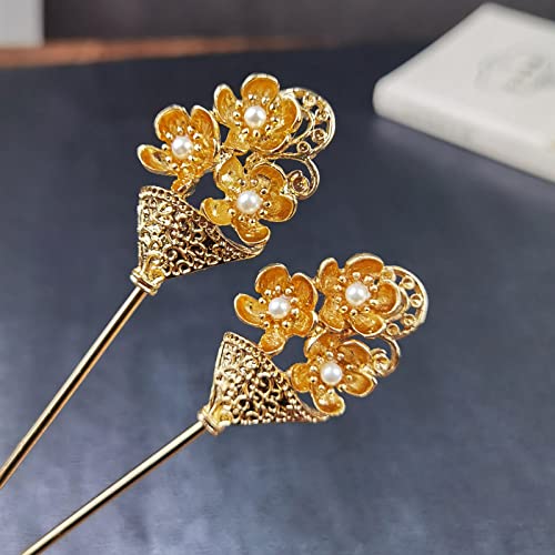 2Er-Pack Haarstäbchen Für Dutts,Perlenblumen-Haar-Essstäbchen-Haarklammern,Chinesische Vintage Goldene Haarnadeln Für Frauen-Haar-Accessoire von LIBERGA