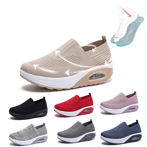 Orthopädische Schuhe Damen Sneaker, 2024 Neu Air Cushion Mesh Slip on Diabetiker Schuhe Extra Weit Wanderschuhe, Leicht, Atmungsaktiv Und Bequem Turnschuhe Sportschuhe Für Damen,Beige,38EU von LIBINGRUITIAO