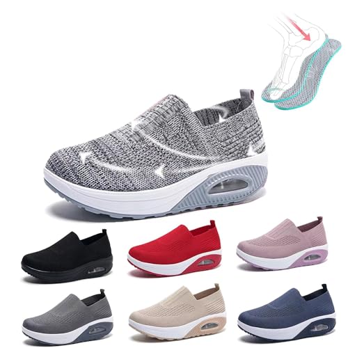 Orthopädische Schuhe Damen Sneaker, 2024 Neu Air Cushion Mesh Slip on Diabetiker Schuhe Extra Weit Wanderschuhe, Leicht, Atmungsaktiv Und Bequem Turnschuhe Sportschuhe Für Damen,Light gray,37EU von LIBINGRUITIAO