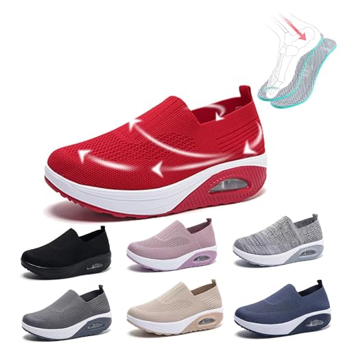 Orthopädische Schuhe Damen Sneaker, 2024 Neu Air Cushion Mesh Slip on Diabetiker Schuhe Extra Weit Wanderschuhe, Leicht, Atmungsaktiv Und Bequem Turnschuhe Sportschuhe Für Damen,Rot,39EU von LIBINGRUITIAO