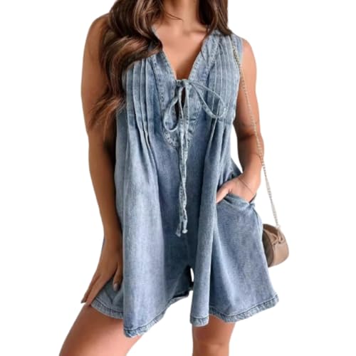 LIBIQI Women's Casual Summer Jean Romper V Neck Sleeveless Tie Front Denim Romper Overall Shorts with Pockets (Blue,X-Large) von LIBIQI
