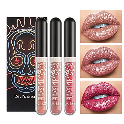 3 Farben Diamond Glitter Shimmer Lip Gloss Liquid Lippenstift Metallic Matte Glossy Langlebig Make-up Lipgloss Metallic Lip Color Cosmetics Für Halloween Make-up, Party, Cosplay von LICHENGTAI