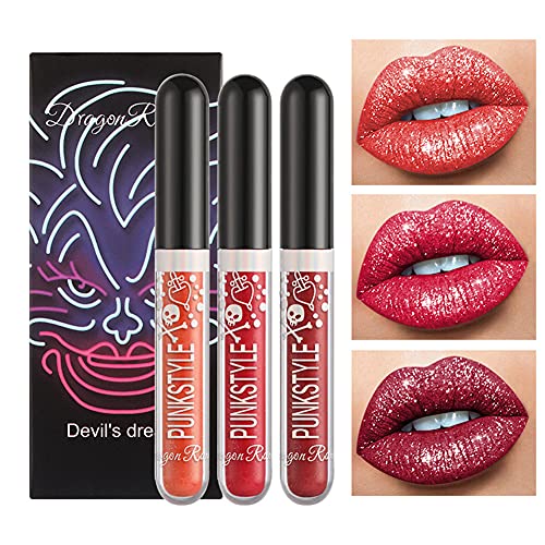 3 Farben Diamond Glitter Shimmer Lip Gloss Liquid Lippenstift Metallic Matte Glossy Langlebig Make-up Lipgloss Metallic Lip Color Cosmetics Für Halloween Make-up, Party, Cosplay von LICHENGTAI