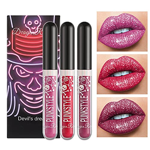 3 Farben Diamond Glitter Shimmer Lip Gloss Liquid Lippenstift Metallic Matte Glossy Langlebig Make-up Lipgloss Metallic Lip Color Cosmetics Für Halloween Make-up, Party, Cosplay von LICHENGTAI