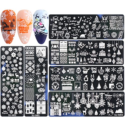 6 Stück Weihnachts Nagelstempelplatten, Nagelkunst-Schablone, Schneeflocke, Weihnachtsmann, Weihnachtsbaumstrumpf Maniküre, Druck DIY Bild Nagel Stempelplatte Christmas Nail Art Plates für Mädche von LICHENGTAI