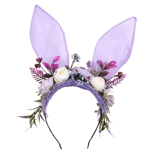 Blumenkrone Kaninchenohren Mesh Haarband Blumiges verspieltes Hasen-Simulations-Blumen-Stirnband für Fotoshootings von LICHENGTAI